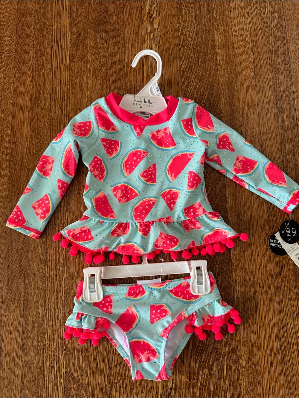 Nicole Miller Girls Aqua and Pink Watermelon Pom-Pom Rash Guard Bathing Suit Set